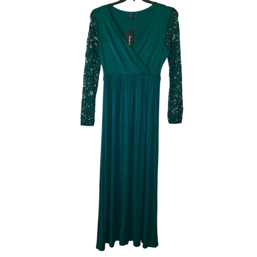 Chic Teal Maxi Dress with Lace Sleeves